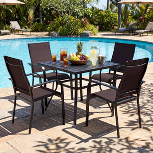 5 Pieces Patio Dining Set for 4 Outdoor Square Table and Stackable Chairs-Brown