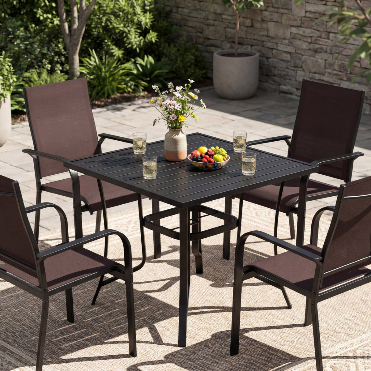5 Pieces Patio Dining Set for 4 Outdoor Square Table and Stackable Chairs-Brown