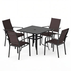 5 Pieces Patio Dining Set for 4 Outdoor Square Table and Stackable Chairs-Brown