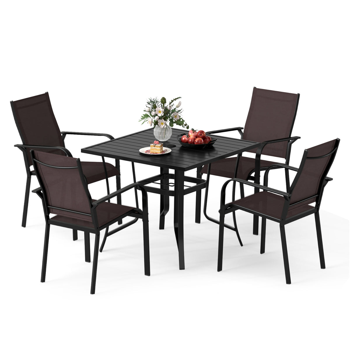 5 Pieces Patio Dining Set for 4 Outdoor Square Table and Stackable Chairs-Brown