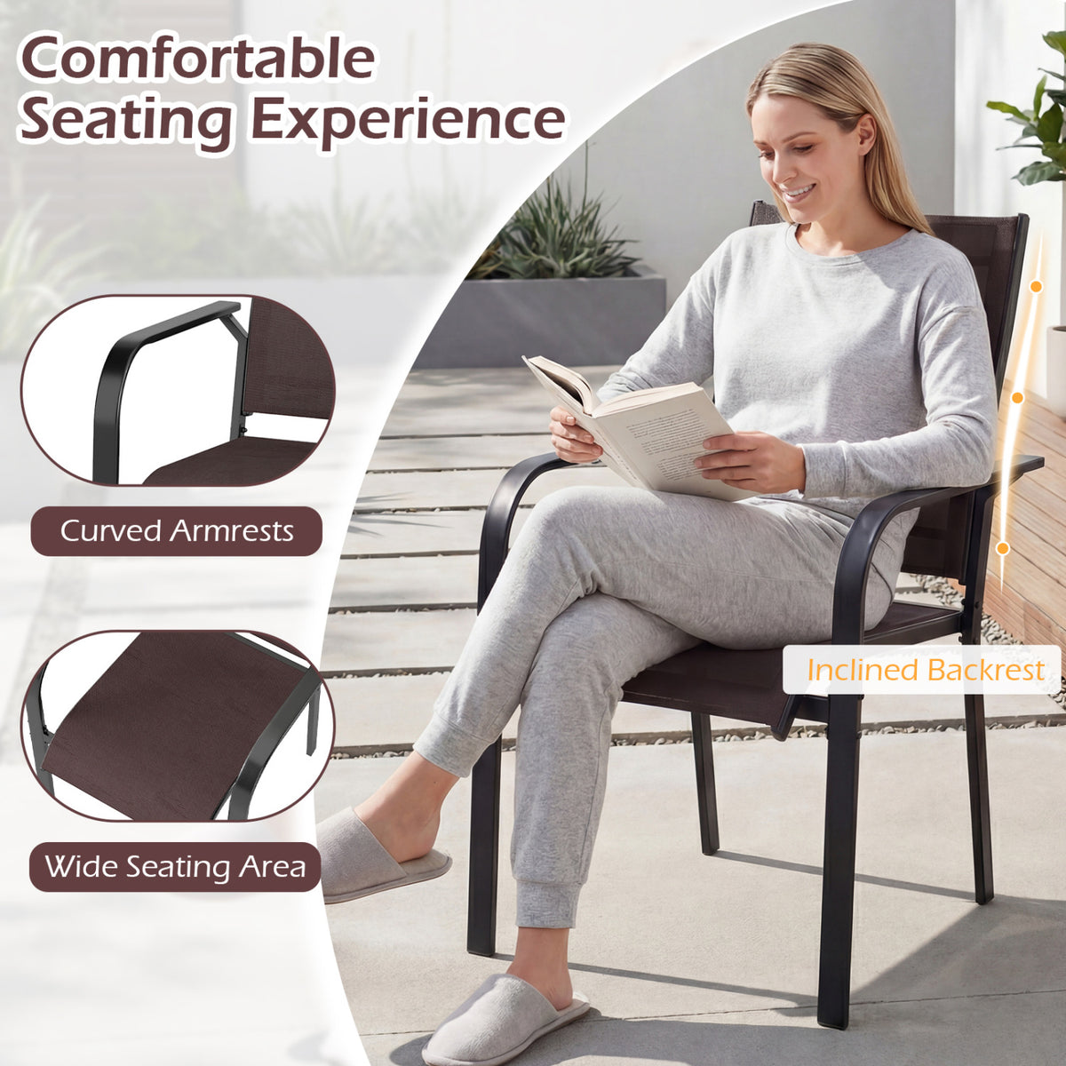 5 Pieces Patio Dining Set for 4 Outdoor Square Table and Stackable Chairs-Brown