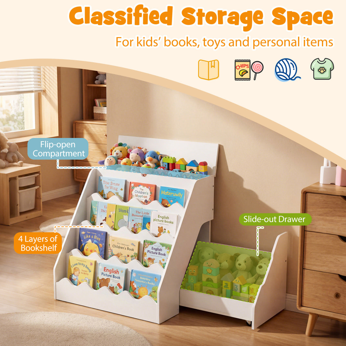 2-In-1 Kids Bookshelf & Toy Storage Organizer-White