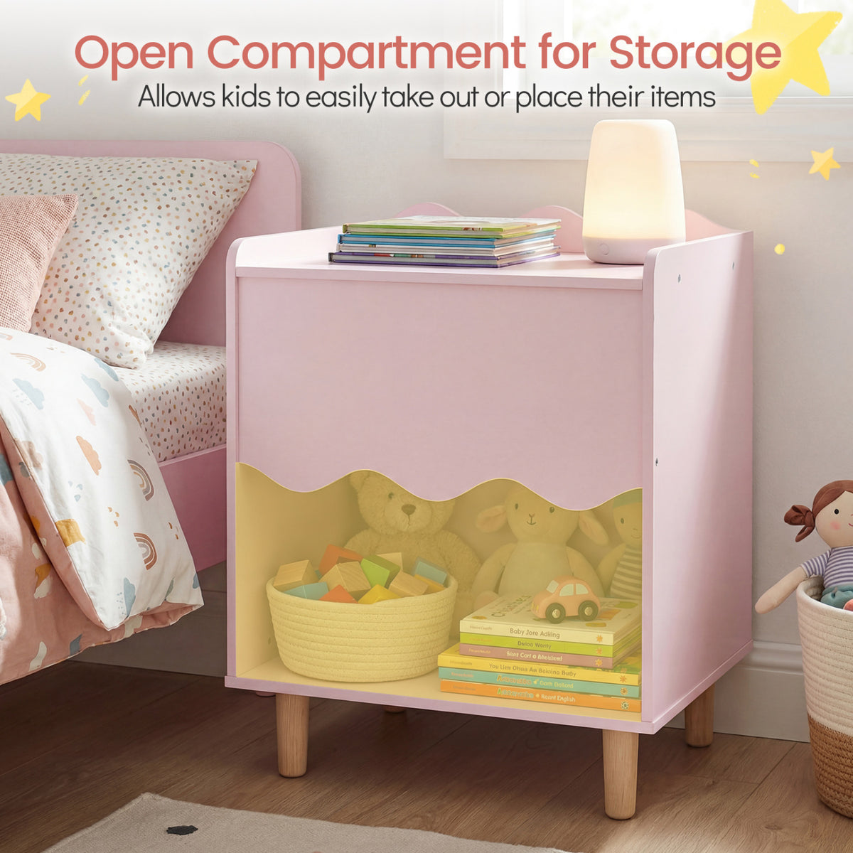 Toddler Scalloped Side Table with Wide Top & Open Compartment-Pink