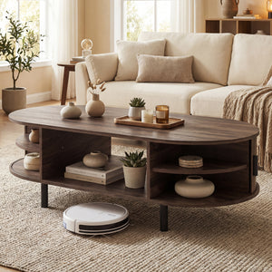 Oval Coffee Table 47.5inch Wooden Center Table with Storage-Walnut