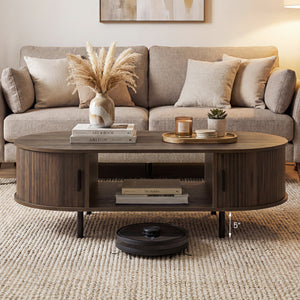 Oval Coffee Table 47.5inch Wooden Center Table with Storage-Walnut