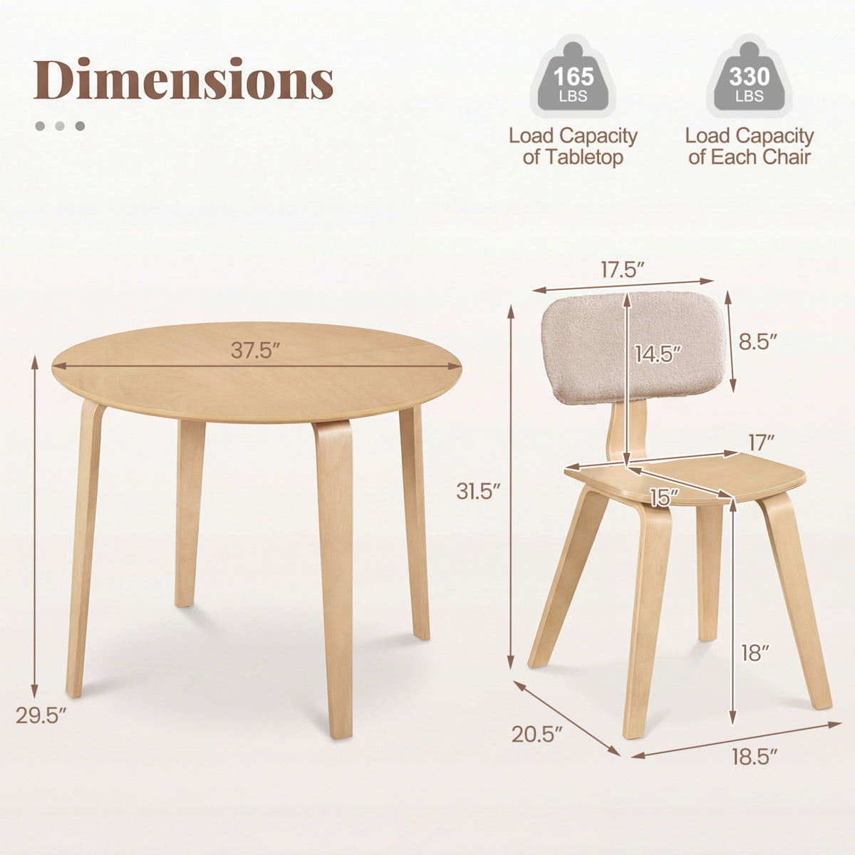 3 Piece Dining Table Set with 2 Padded Dining Chairs and Rubber Wood Table-Natural