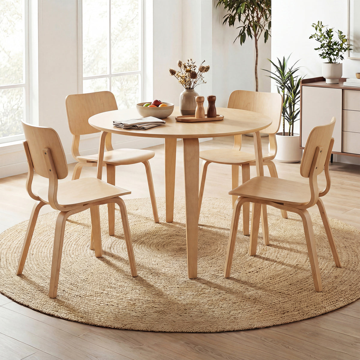 5 Piece Dining Table Set with 4 Padded Dining Chairs and Rubber Wood Table-Natural