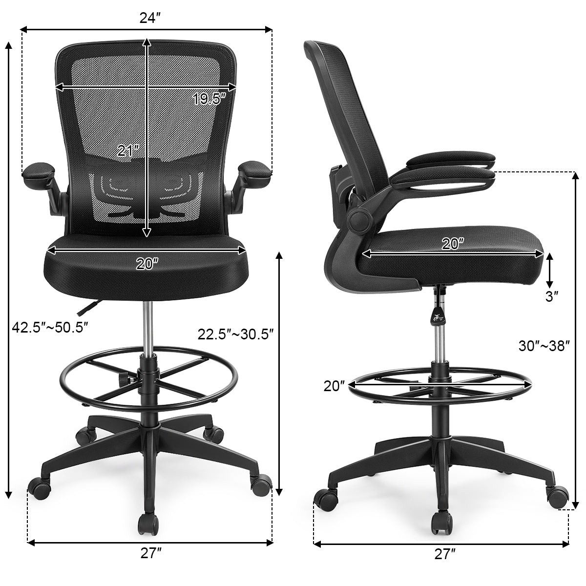 Electric Height Adjustable Standing Desk and Drafting Chair Set with Storage Drawers
