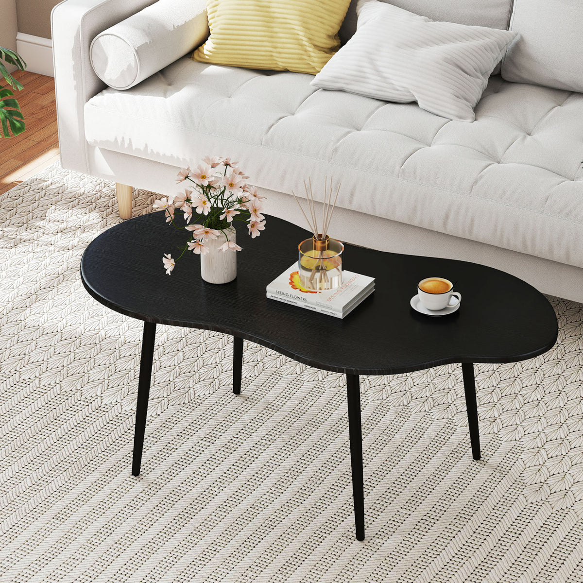 Cloud Shape Coffee Table 39.5 inch Irregular Center Table with Metal Frame-Black