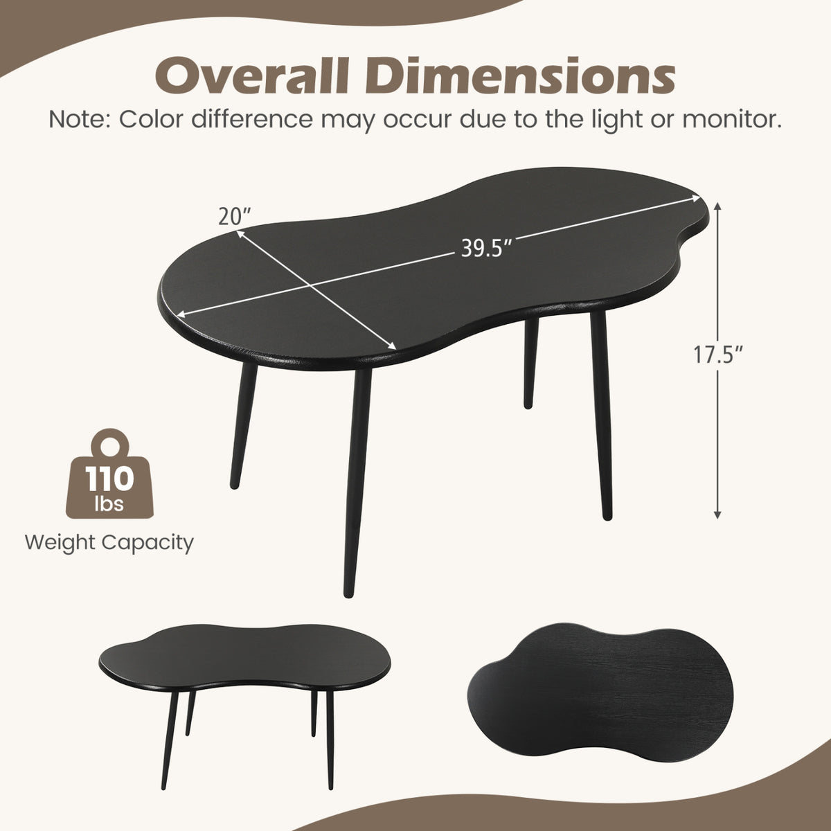 Cloud Shape Coffee Table 39.5 inch Irregular Center Table with Metal Frame-Black