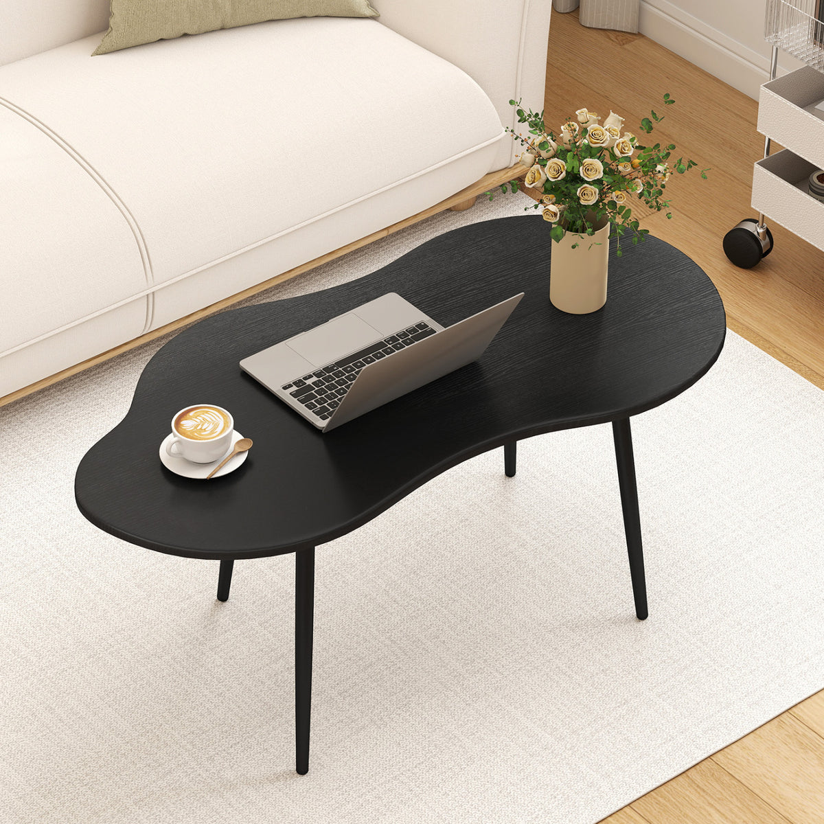 Cloud Shape Coffee Table 39.5 inch Irregular Center Table with Metal Frame-Black