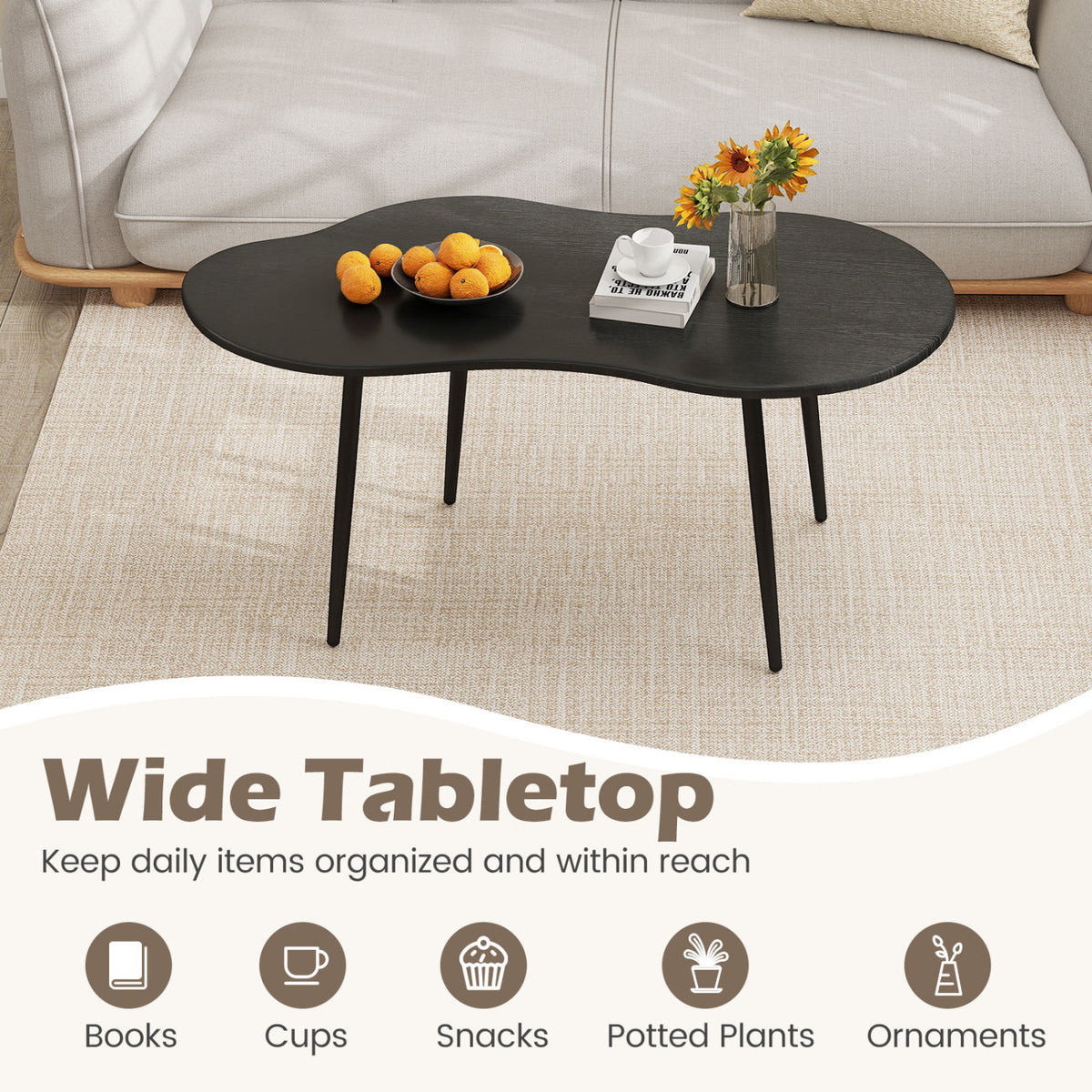 Cloud Shape Coffee Table 39.5 inch Irregular Center Table with Metal Frame-Black