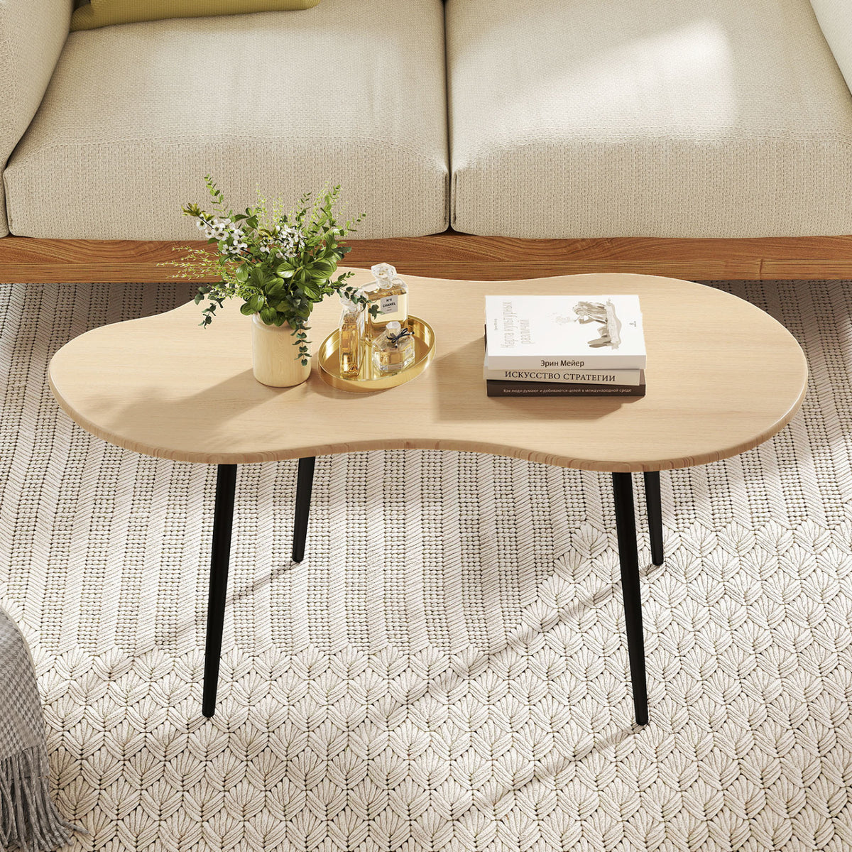 Cloud Shape Coffee Table 39.5 inch Irregular Center Table with Metal Frame-Natural