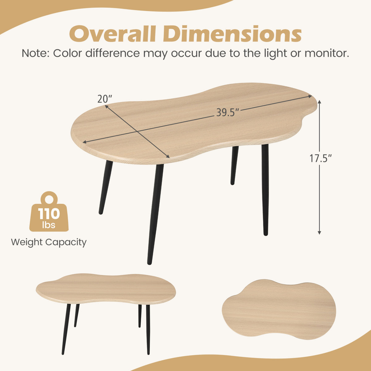 Cloud Shape Coffee Table 39.5 inch Irregular Center Table with Metal Frame-Natural