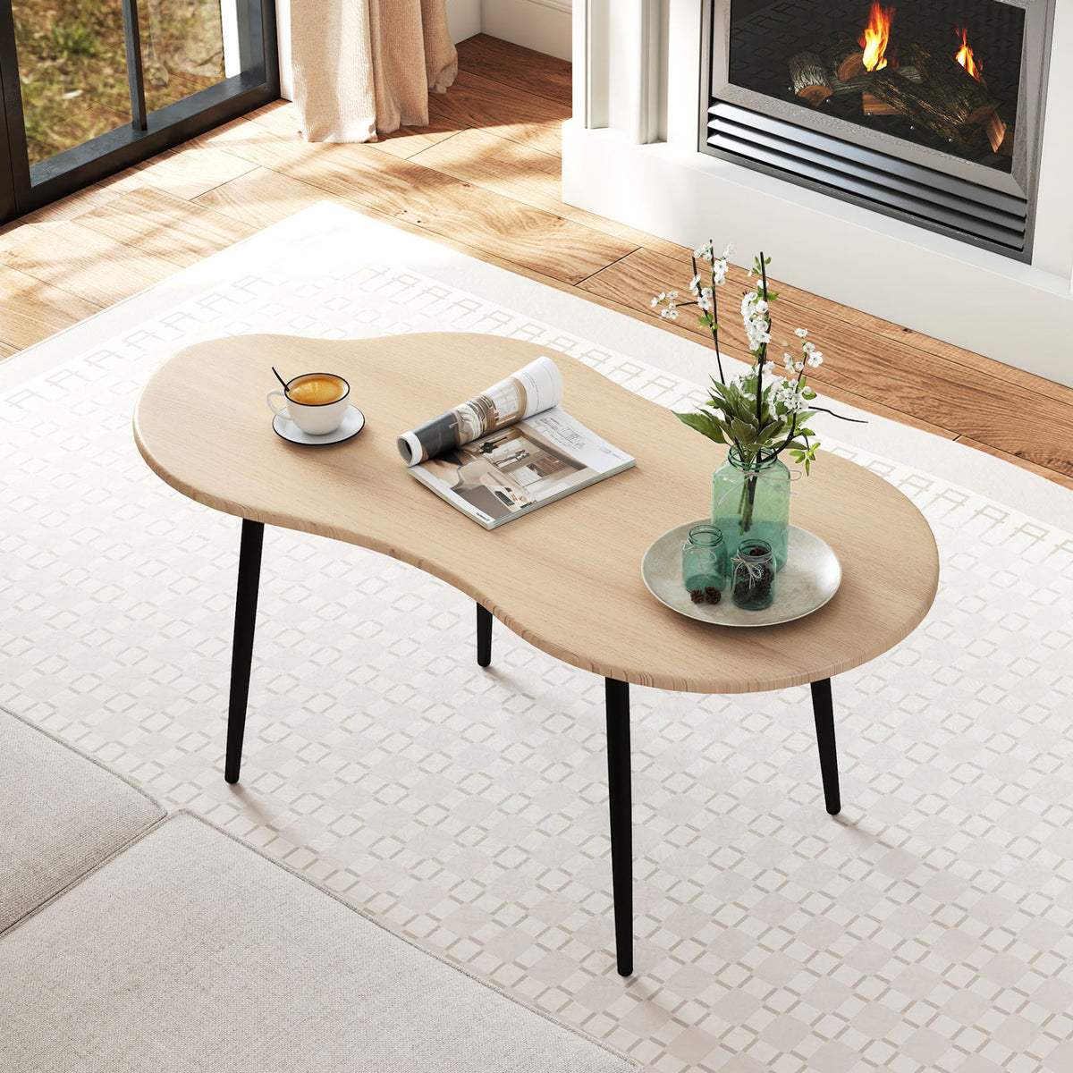 Cloud Shape Coffee Table 39.5 inch Irregular Center Table with Metal Frame-Natural