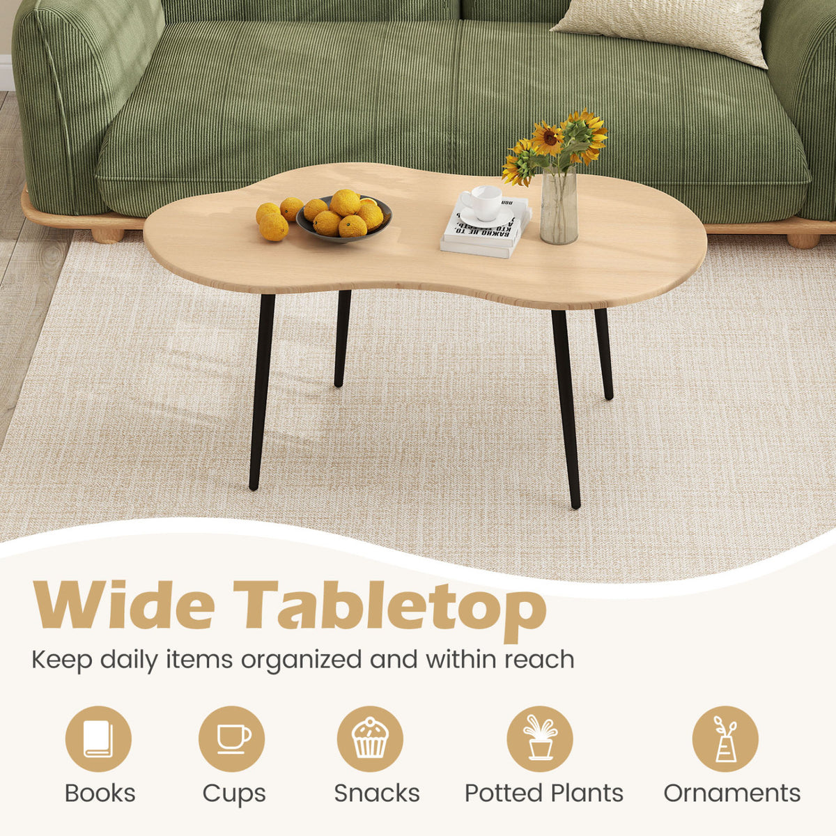 Cloud Shape Coffee Table 39.5 inch Irregular Center Table with Metal Frame-Natural