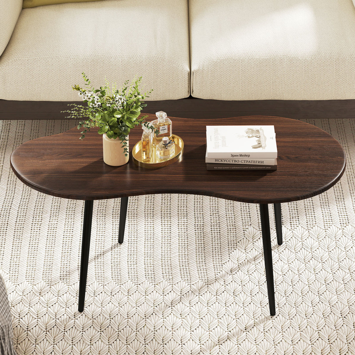 Cloud Shape Coffee Table 39.5 inch Irregular Center Table with Metal Frame-Walnut