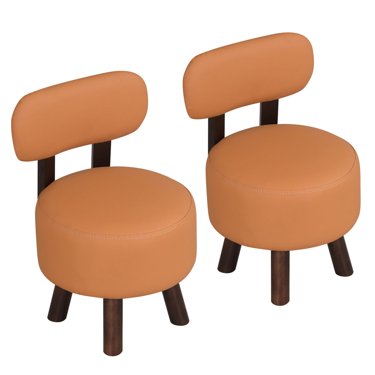 Small Footrest Stools Set of 2 Round Ottoman with Backrest-Orange