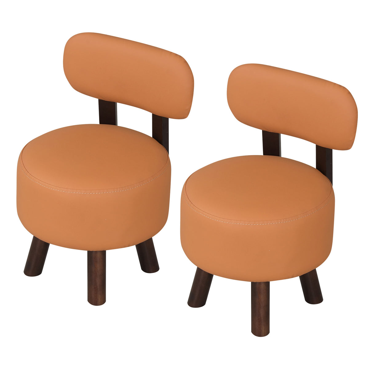 Small Footrest Stools Set of 2 Round Ottoman with Backrest-Orange