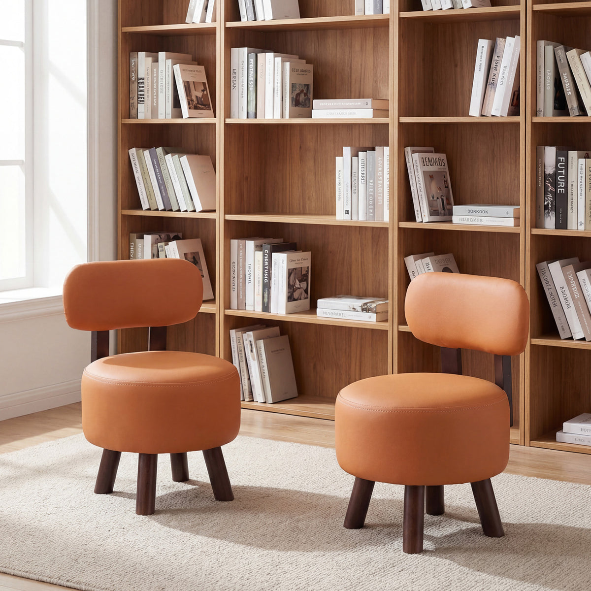 Small Footrest Stools Set of 2 Round Ottoman with Backrest-Orange