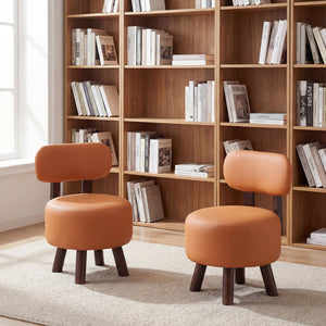 Small Footrest Stools Set of 2 Round Ottoman with Backrest-Orange