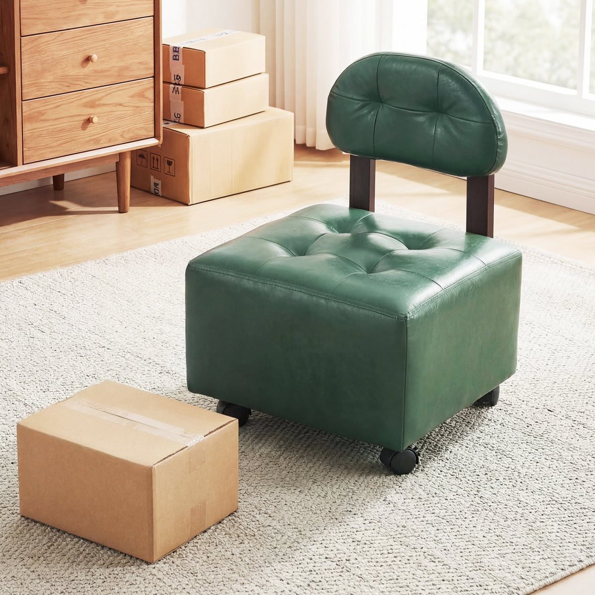 Small Rolling Footrest Stools Set of 2 with Lockable Wheels-Green