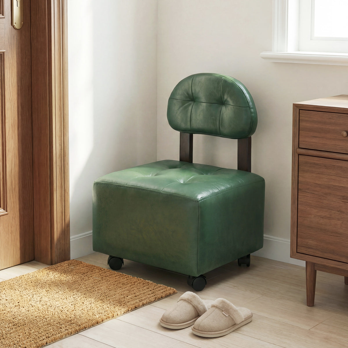 Small Rolling Footrest Stools Set of 2 with Lockable Wheels-Green
