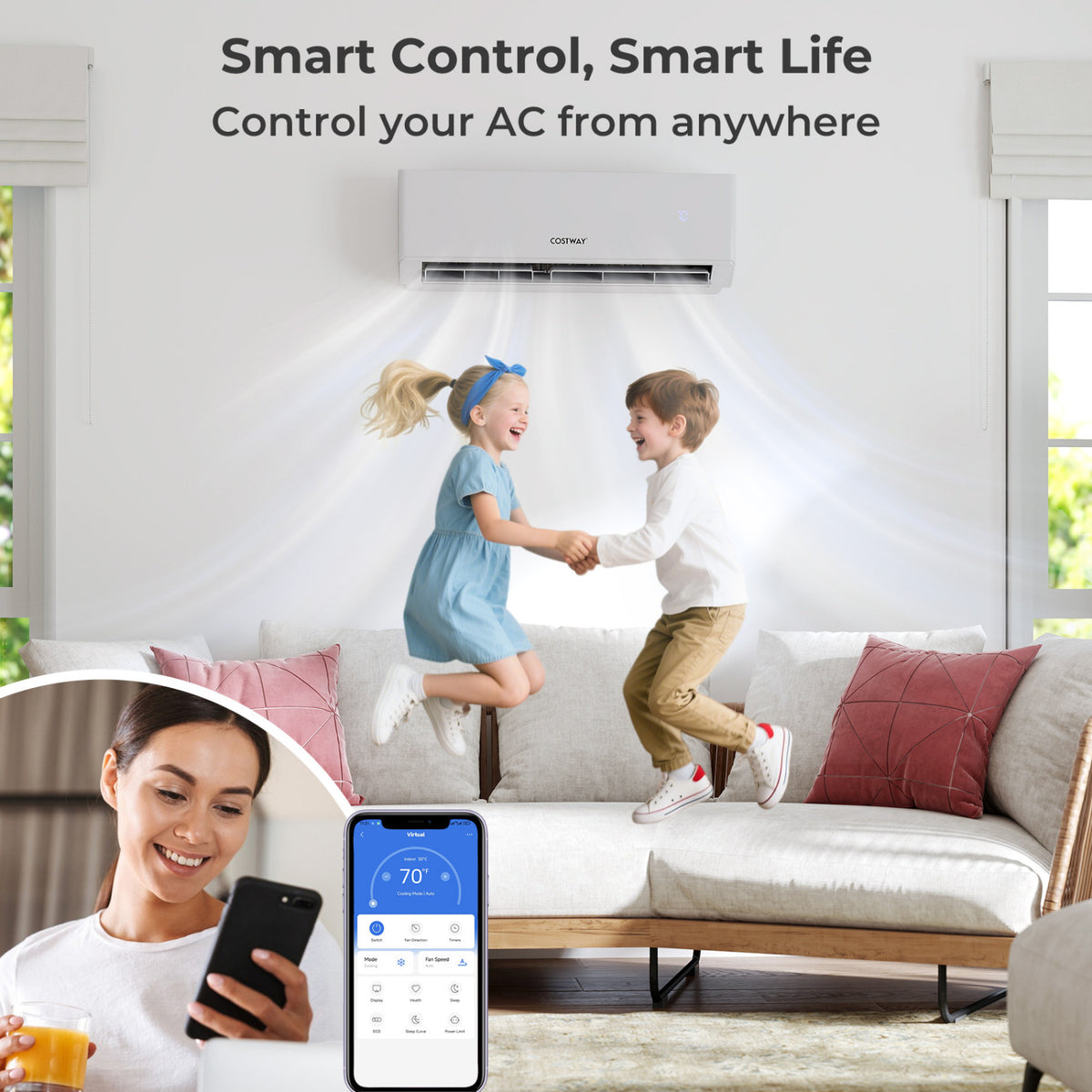UltrEco Series 24000 BTU 2 Zone 23 SEER2 Mini Split Air Conditioner Wifi Enabled with Heat Pump-9K + 12K