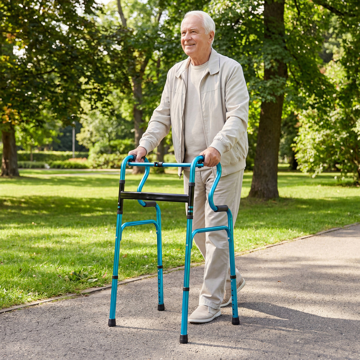 One-Button Folding Aluminum Walking Frame Walker Folding Walker for Seniors and Limited Mobility Users-Navy