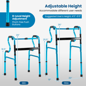 One-Button Folding Aluminum Walking Frame Walker Folding Walker for Seniors and Limited Mobility Users-Navy