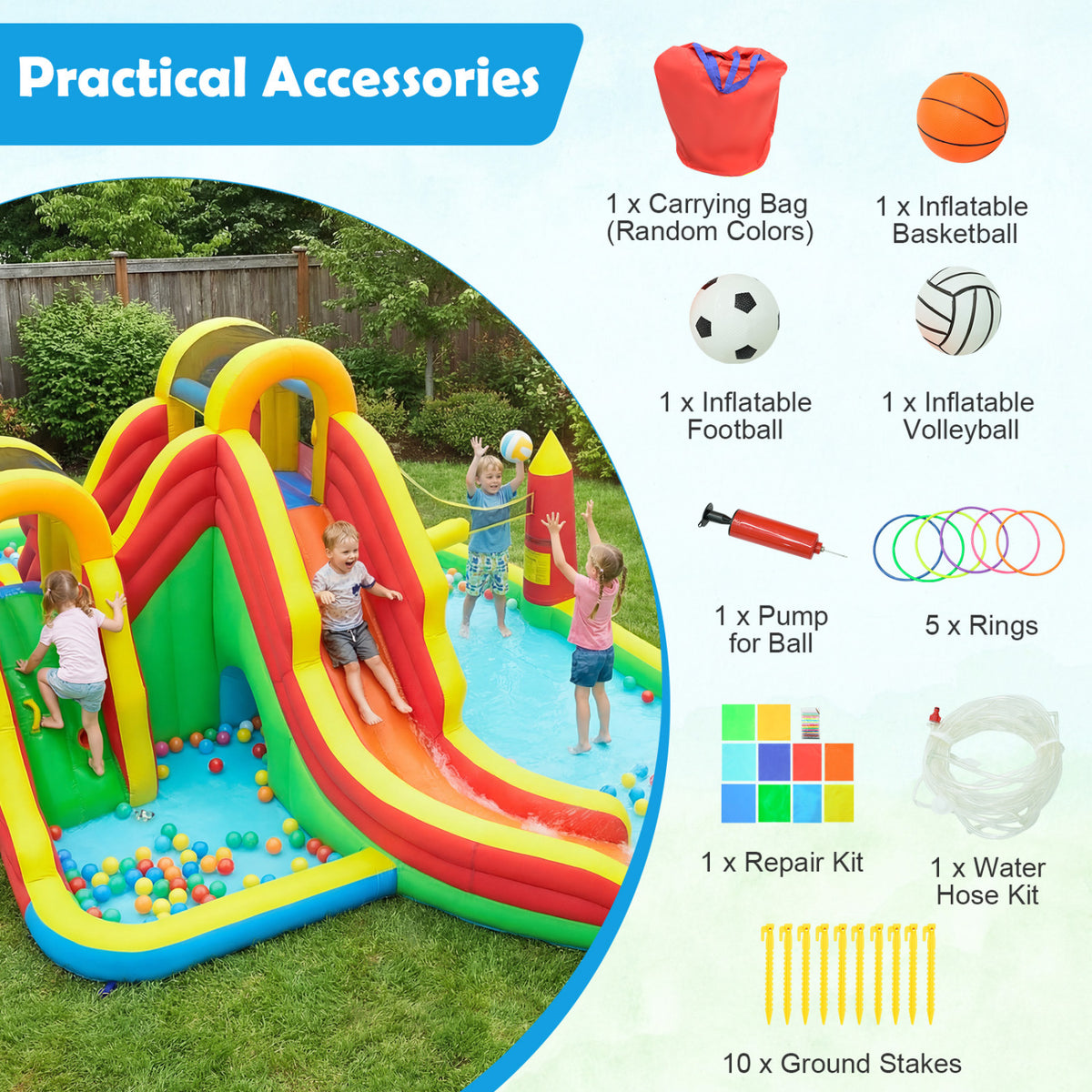 8-in-1 Giant Bounce House with 2 Long Slides and Climbing Walls for Yard Party