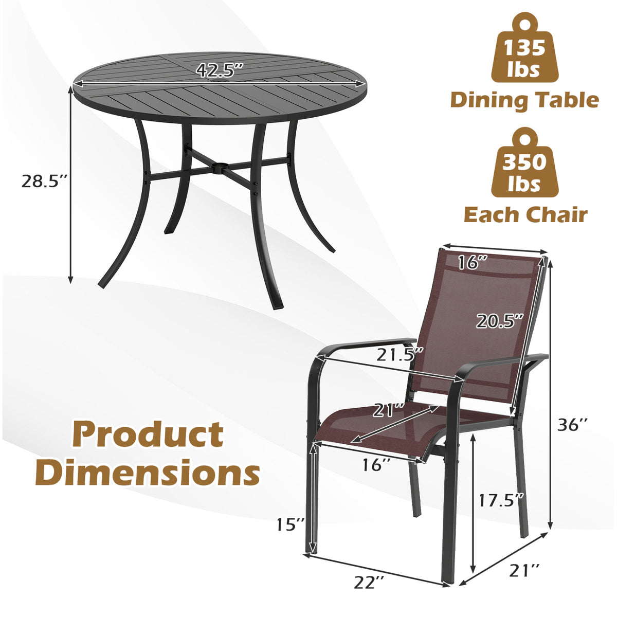 5 Pieces Patio Dining Set for 4 42.5 inch Outdoor Round Metal Table-Coffee and Black