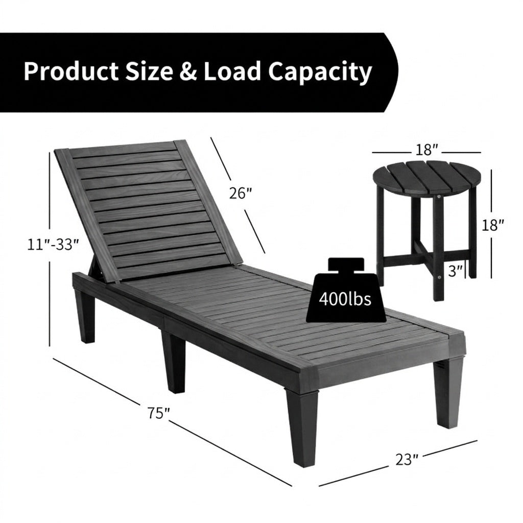 3-Piece Patio Lounge Set with Adjustable Recliner Chairs and Round Side Table for Poolside