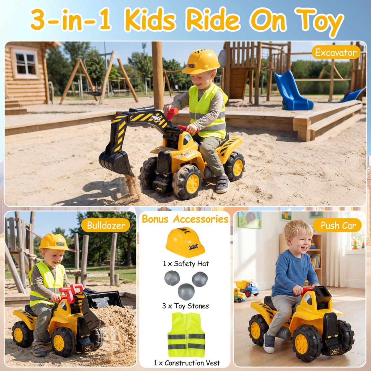 3-in-1 Ride on Excavator Bulldozer Detachable with Engine Sound and Helmet
