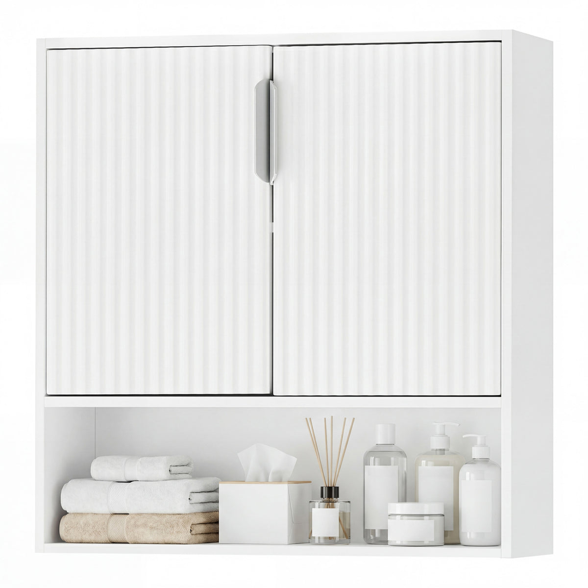 Bathroom Wall Cabinet with 2 Fluted Doors and Open Cube and Adjustable Shelf-White