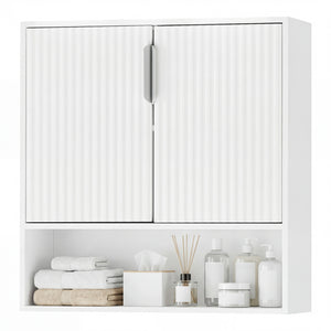 Bathroom Wall Cabinet with 2 Fluted Doors and Open Cube and Adjustable Shelf-White