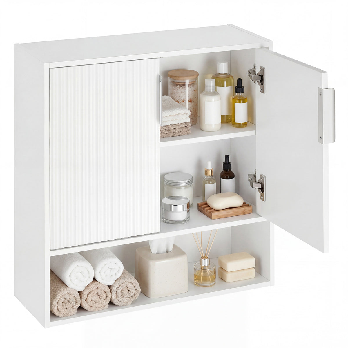 Bathroom Wall Cabinet with 2 Fluted Doors and Open Cube and Adjustable Shelf-White