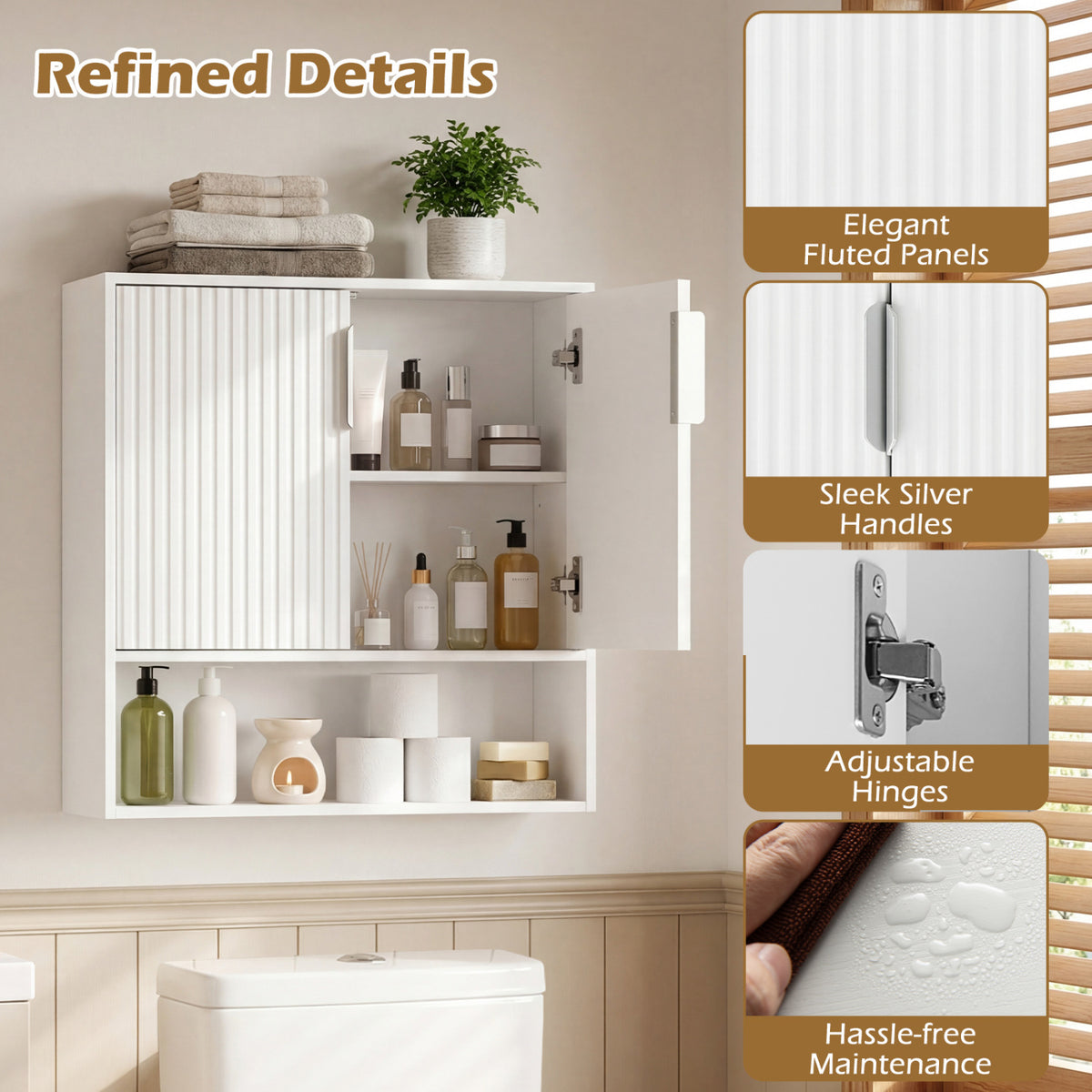 Bathroom Wall Cabinet with 2 Fluted Doors and Open Cube and Adjustable Shelf-White