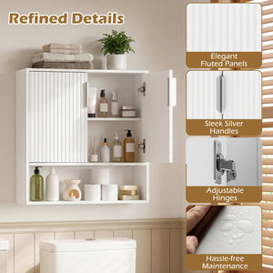 Bathroom Wall Cabinet with 2 Fluted Doors and Open Cube and Adjustable Shelf-White