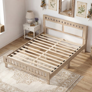 Queen Wood Bed Frame with Upholstered Headboard-Natural