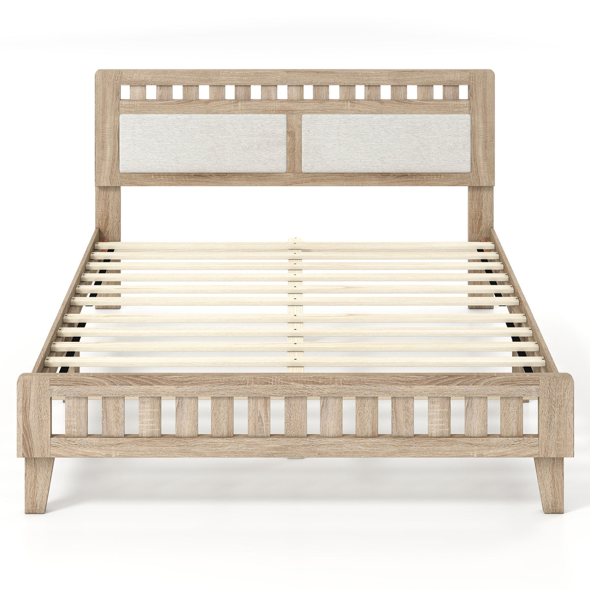 Queen Wood Bed Frame with Upholstered Headboard-Natural