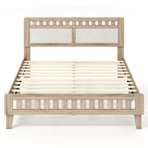 Queen Wood Bed Frame with Upholstered Headboard-Natural