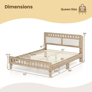 Queen Wood Bed Frame with Upholstered Headboard-Natural