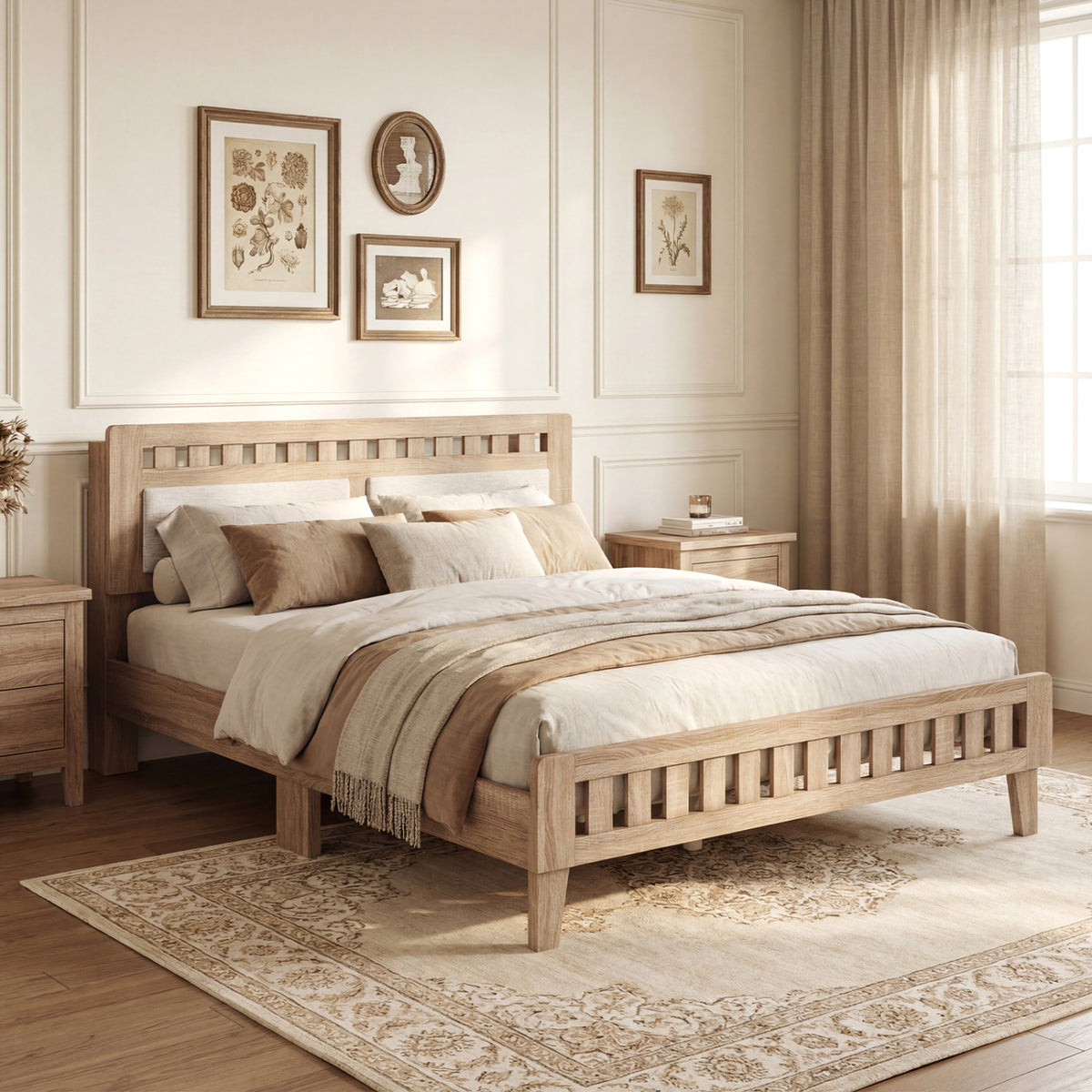 Queen Wood Bed Frame with Upholstered Headboard-Natural