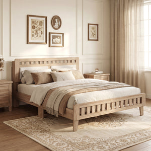 Queen Wood Bed Frame with Upholstered Headboard-Natural