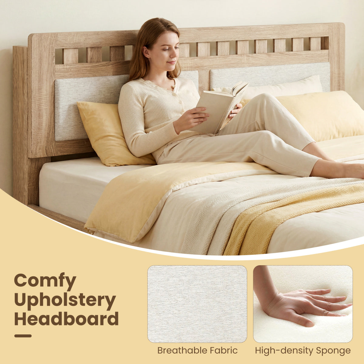 Queen Wood Bed Frame with Upholstered Headboard-Natural