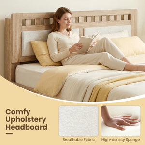 Queen Wood Bed Frame with Upholstered Headboard-Natural