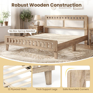 Queen Wood Bed Frame with Upholstered Headboard-Natural