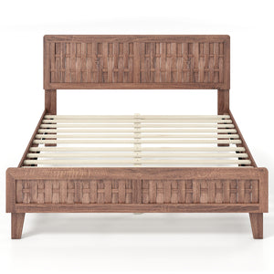 Mid Century Queen Size Bed Frame with Woven Accent Headboard-Natural