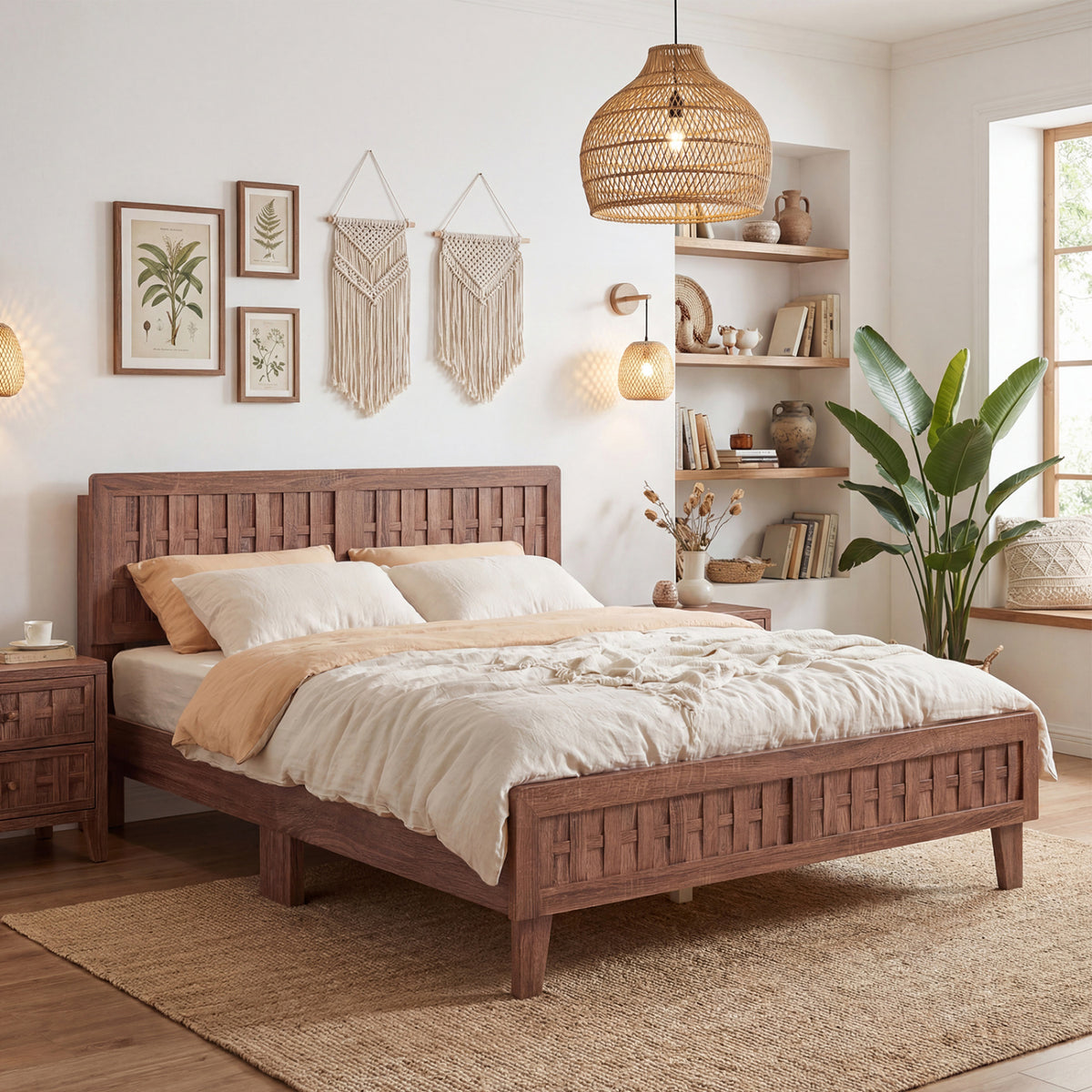 Mid Century Queen Size Bed Frame with Woven Accent Headboard-Natural